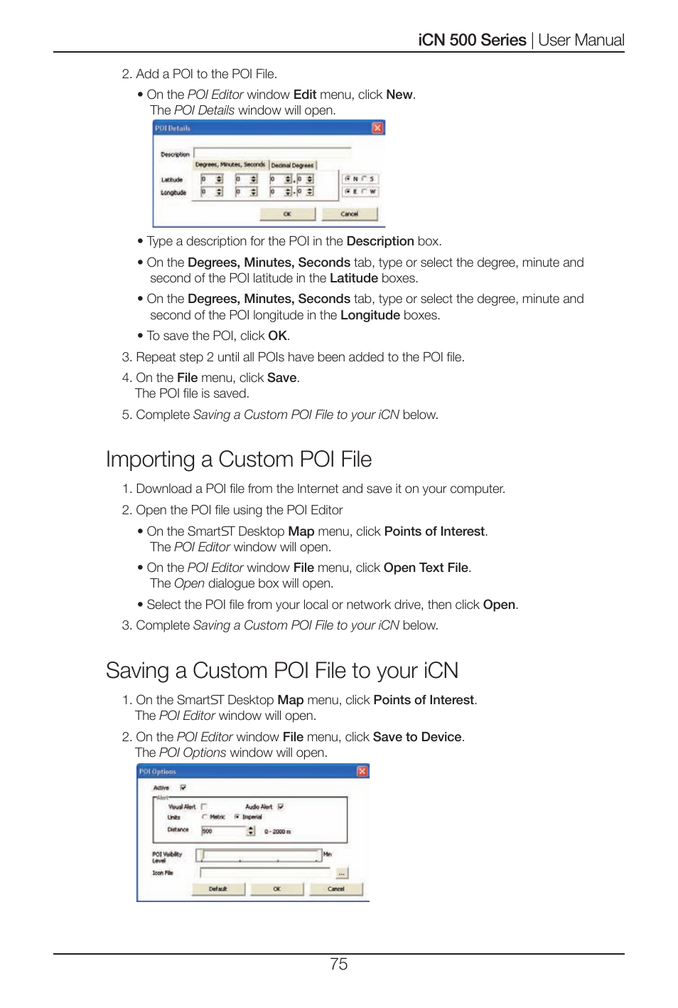 Importing a custom poi file, Saving a custom poi file to your icn | Navman iCN 520 User Manual | Page 75 / 92