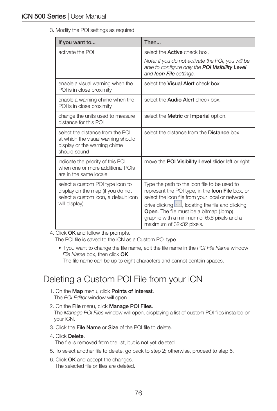 Deleting a custom poi file from your icn | Navman iCN 520 User Manual | Page 76 / 92
