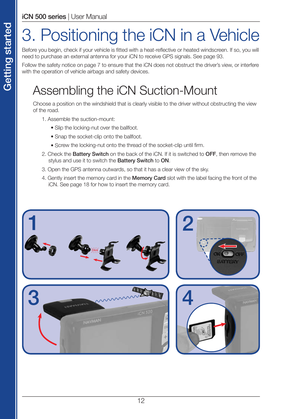 Positioning the icn in a vehicle, Assembling the icn suction-mount | Navman iCN 500 series User Manual | Page 12 / 100