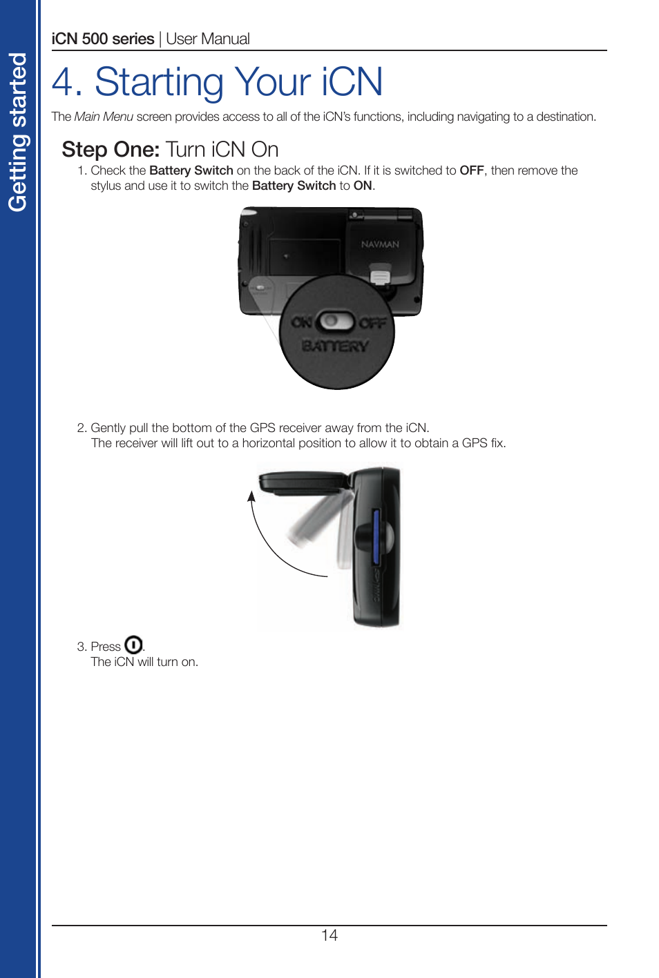 Starting your icn, Get tin g st ar te d | Navman iCN 500 series User Manual | Page 14 / 100