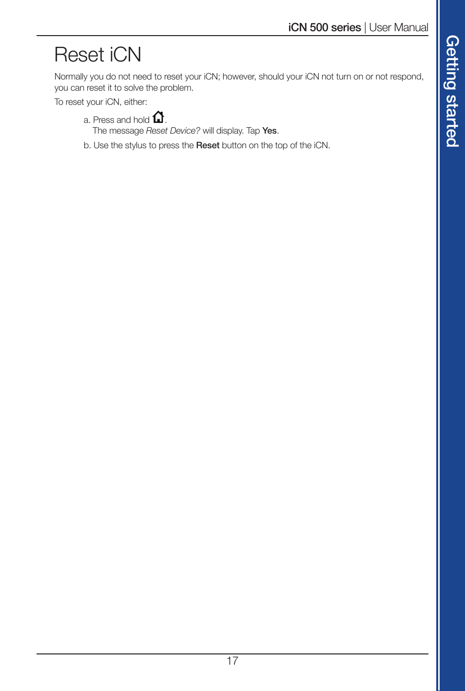 Reset icn, Get tin g s ta rte d | Navman iCN 500 series User Manual | Page 17 / 100