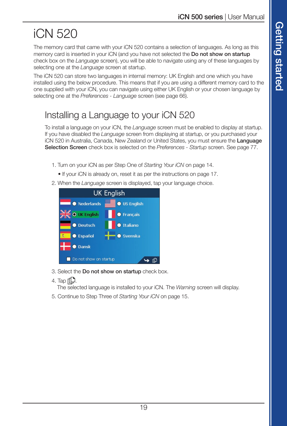 Icn 520, Get tin g s ta rte d, Installing a language to your icn 520 | Navman iCN 500 series User Manual | Page 19 / 100