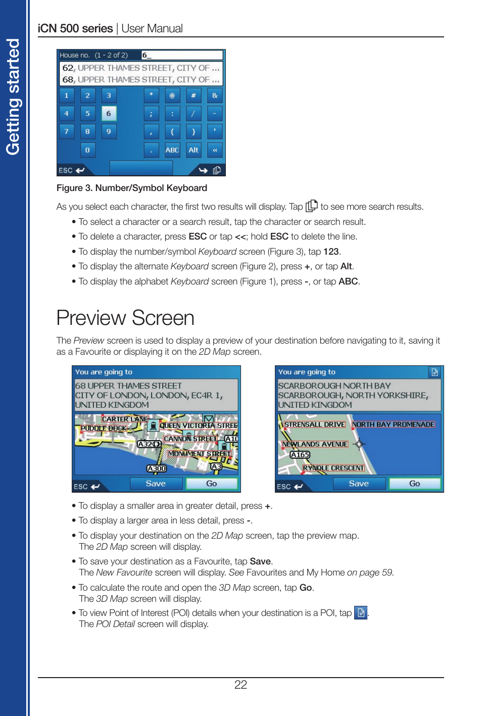 Preview screen, Get tin g st ar te d | Navman iCN 500 series User Manual | Page 22 / 100