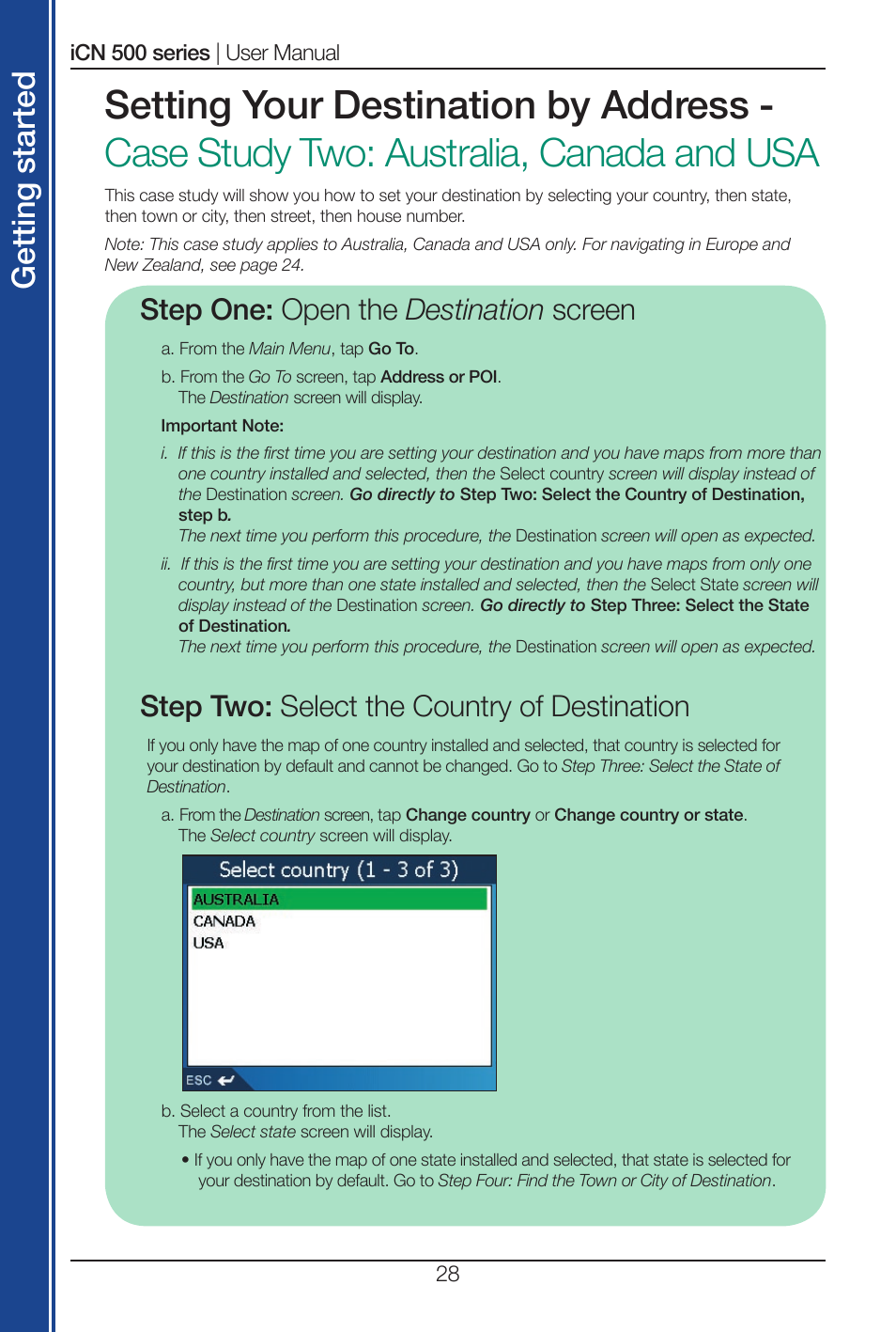 Get tin g st ar te d, Step one: open the destination screen, Step two: select the country of destination | Navman iCN 500 series User Manual | Page 28 / 100