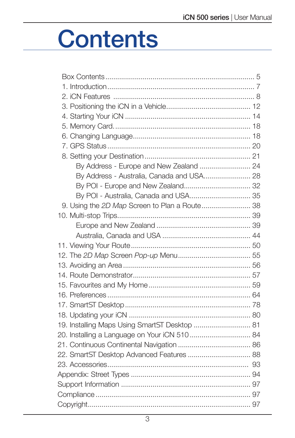 Navman iCN 500 series User Manual | Page 3 / 100