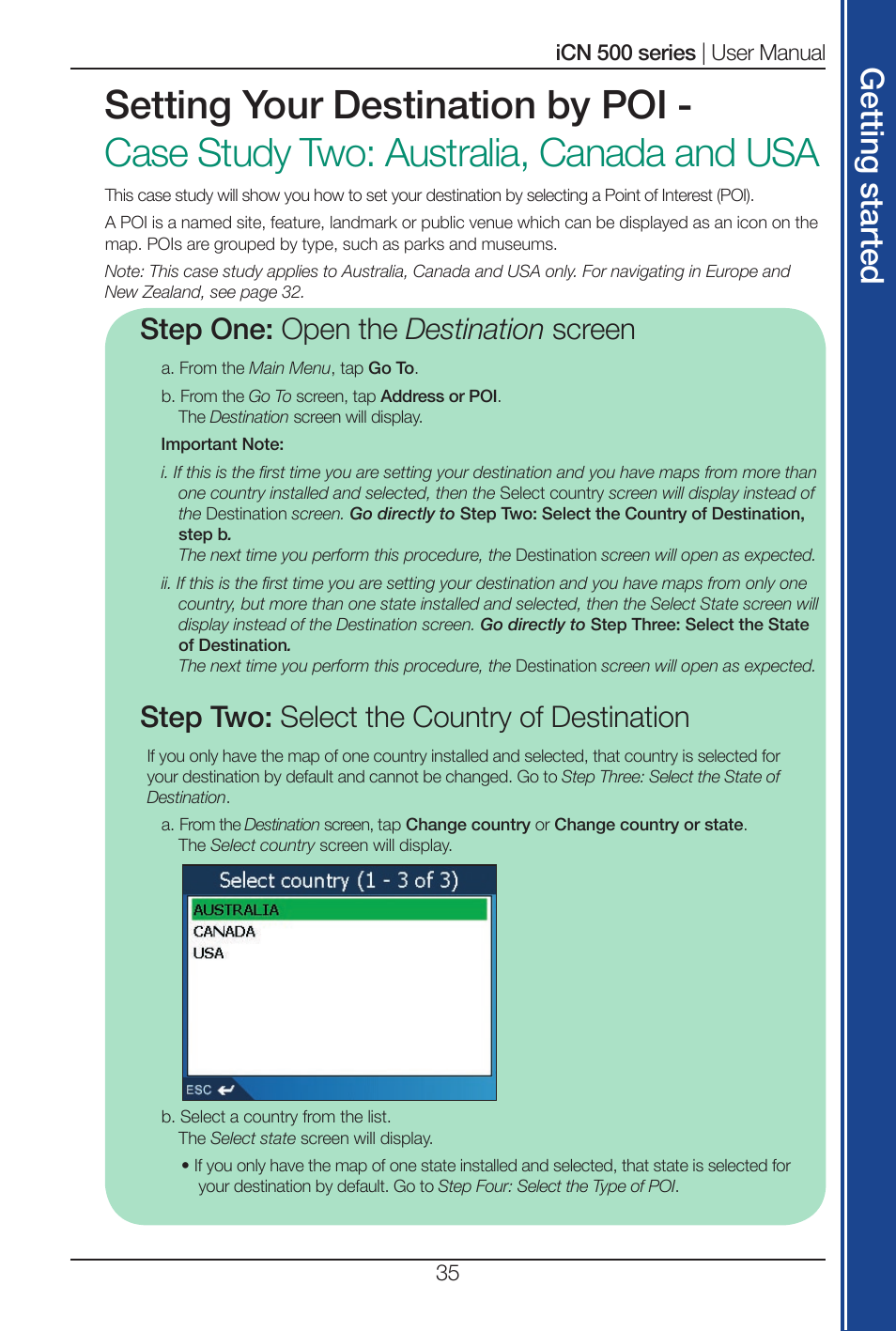 Get tin g s ta rte d, Step one: open the destination screen, Step two: select the country of destination | Navman iCN 500 series User Manual | Page 35 / 100