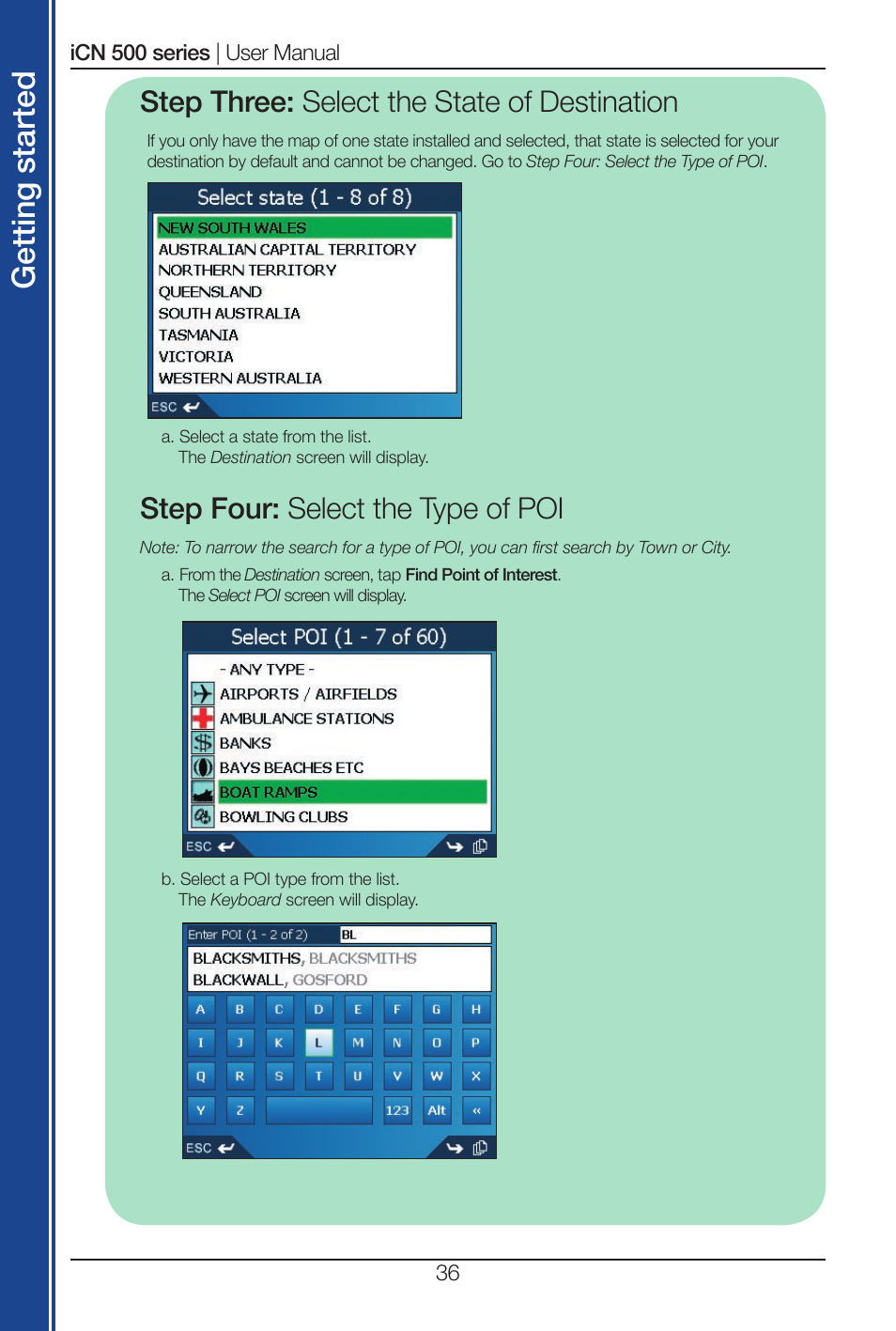 Get tin g st ar te d, Step three: select the state of destination, Step four: select the type of poi | Navman iCN 500 series User Manual | Page 36 / 100