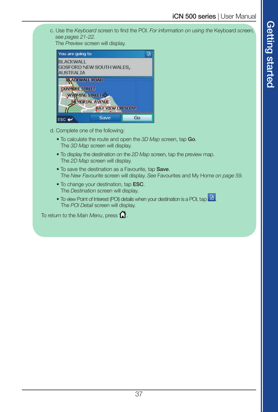 Get tin g s ta rte d | Navman iCN 500 series User Manual | Page 37 / 100