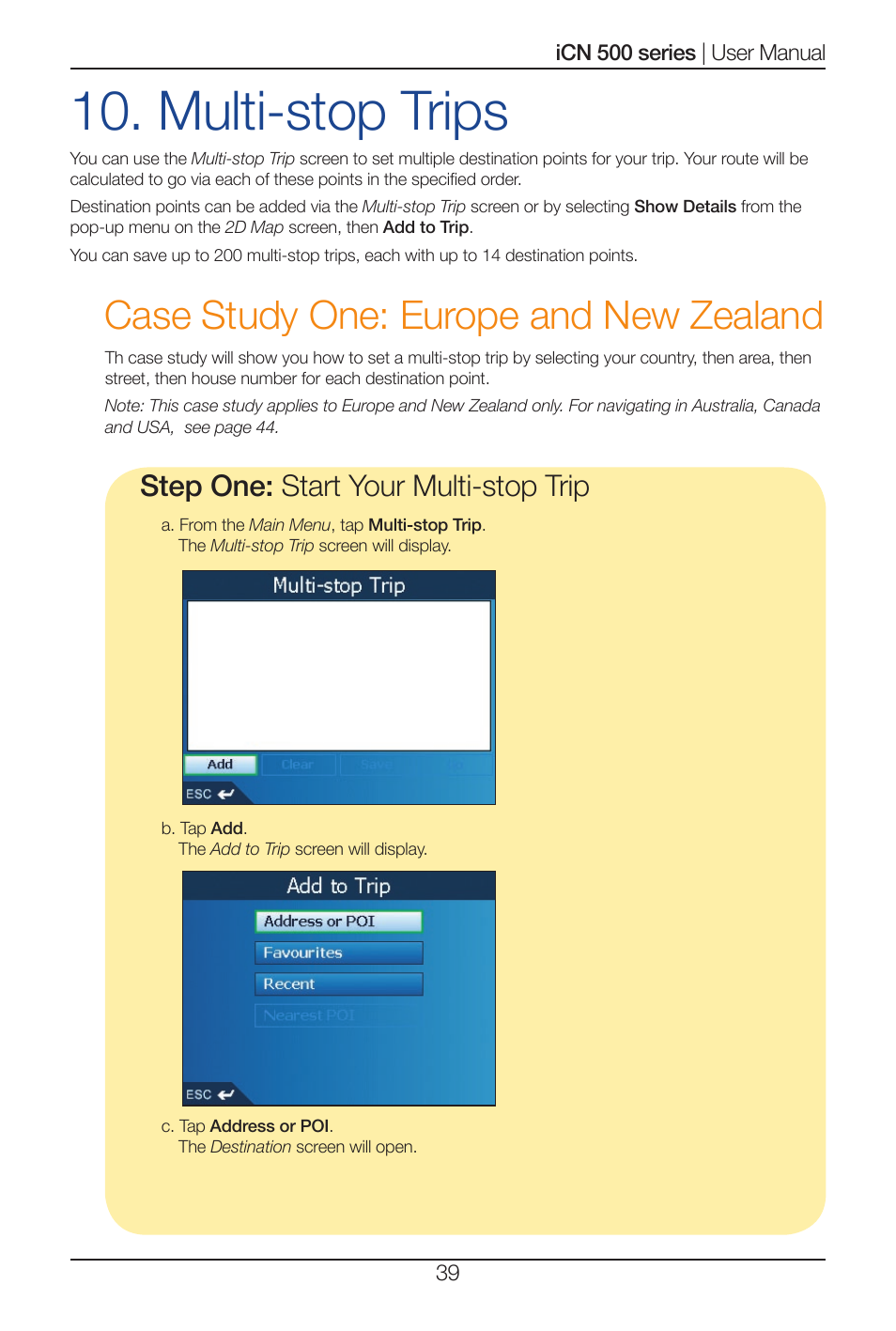 Multi-stop trips, Case study one: europe and new zealand, Step one: start your multi-stop trip | Navman iCN 500 series User Manual | Page 39 / 100