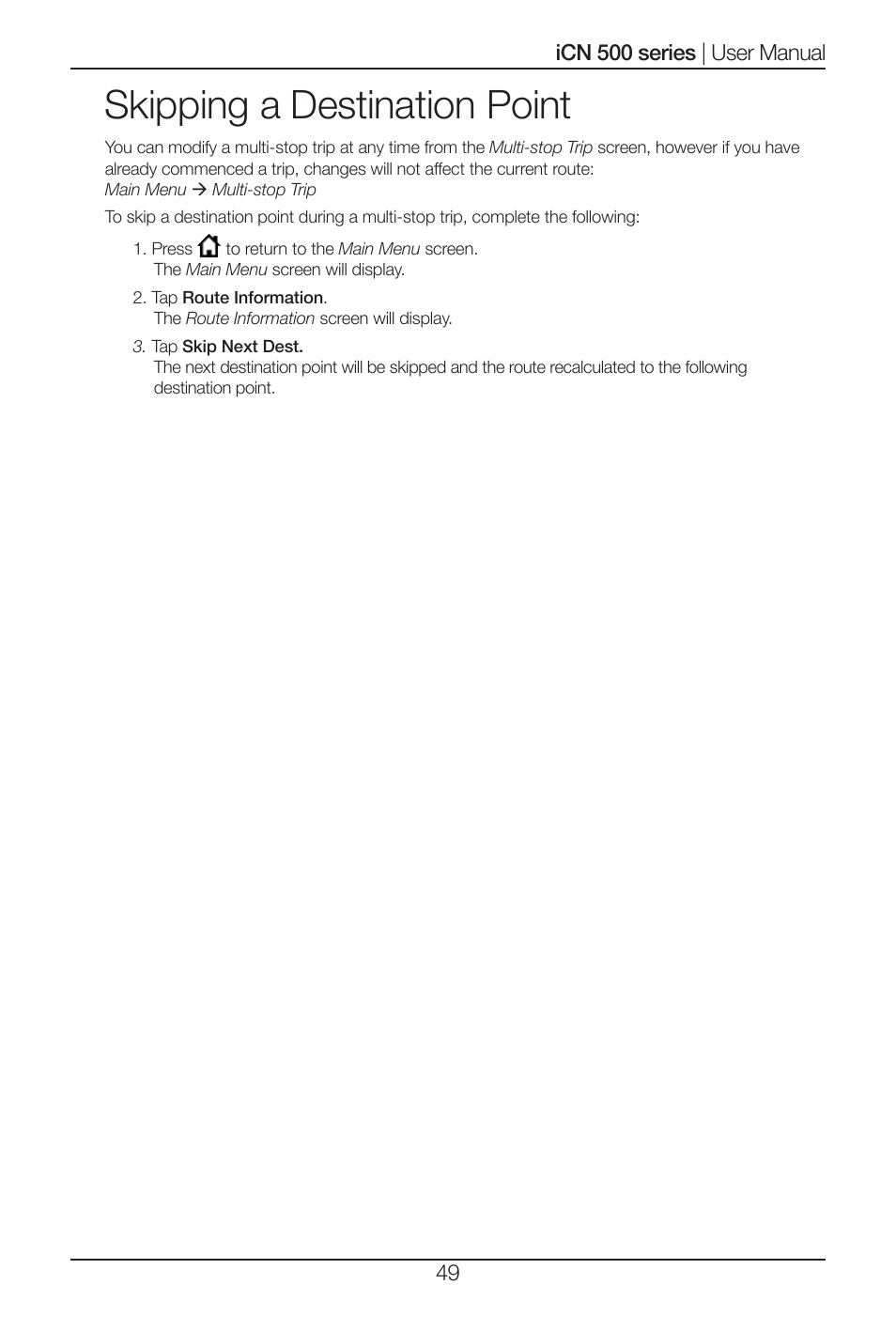 Skipping a destination point | Navman iCN 500 series User Manual | Page 49 / 100