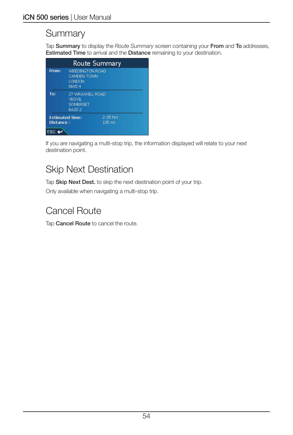 Summary, Skip next destination, Cancel route | Navman iCN 500 series User Manual | Page 54 / 100