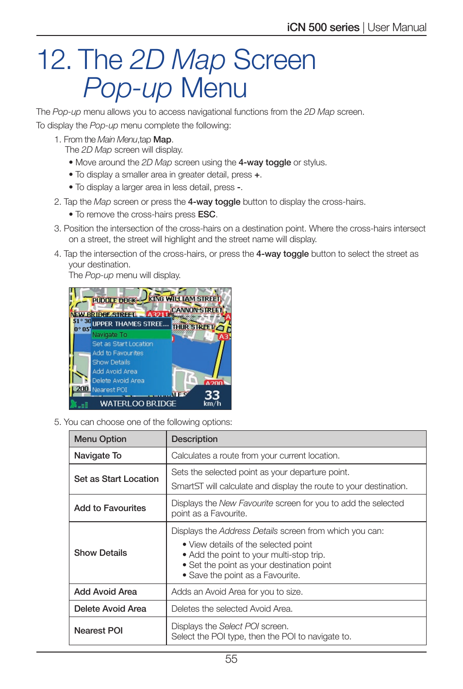 The 2d map screen pop-up menu | Navman iCN 500 series User Manual | Page 55 / 100