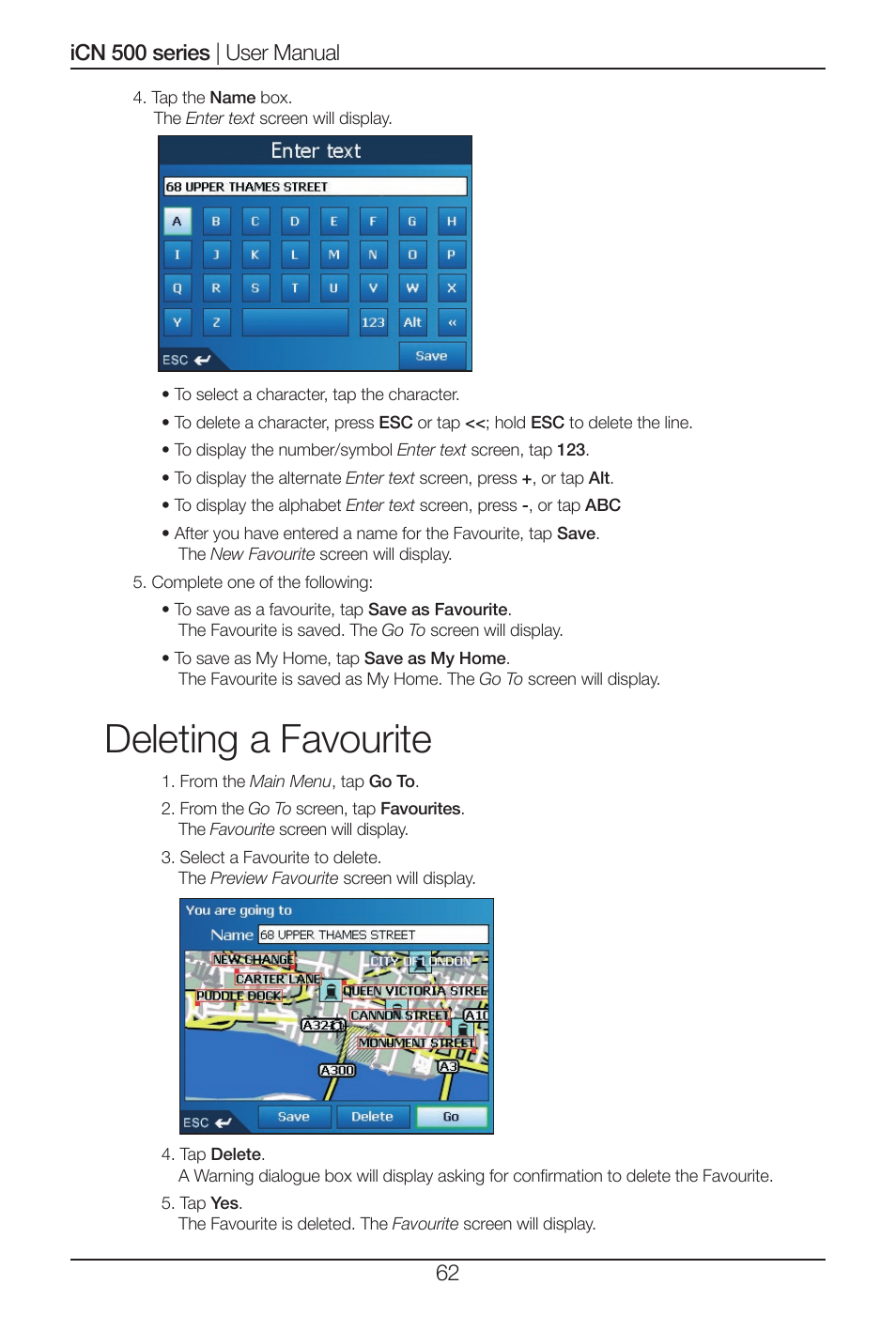 Deleting a favourite | Navman iCN 500 series User Manual | Page 62 / 100