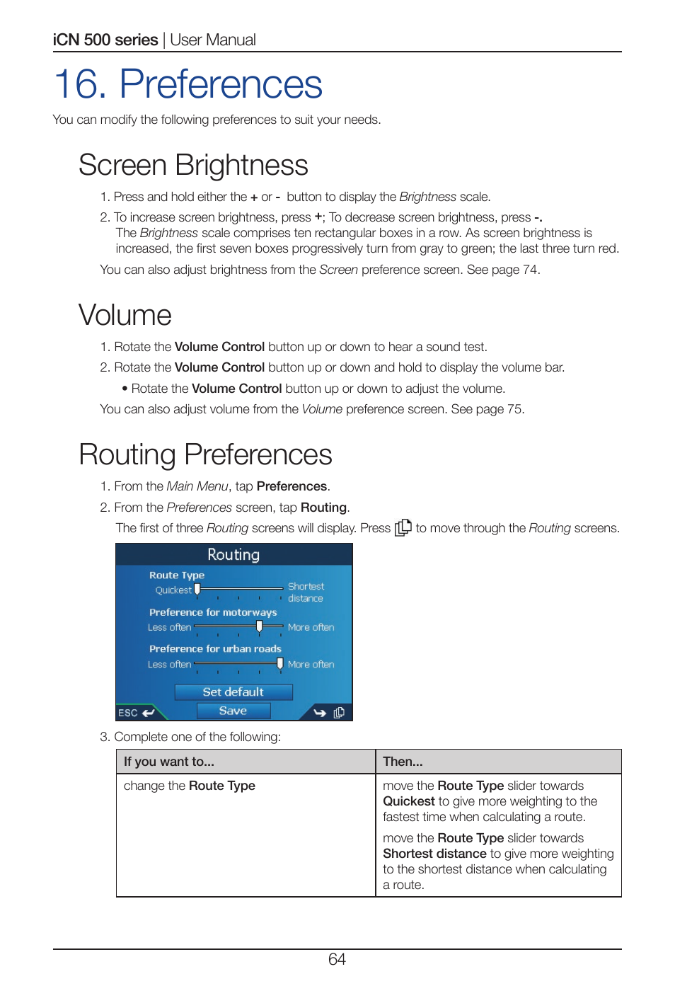 Preferences, Screen brightness, Volume | Routing preferences | Navman iCN 500 series User Manual | Page 64 / 100