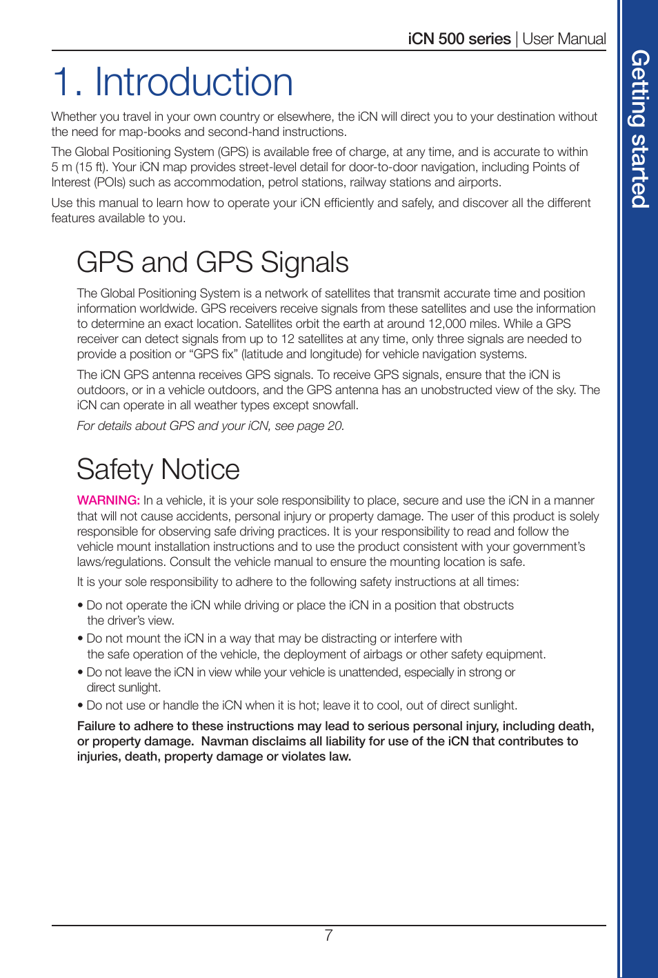 Introduction, Gps and gps signals, Safety notice | Get tin g s ta rte d | Navman iCN 500 series User Manual | Page 7 / 100
