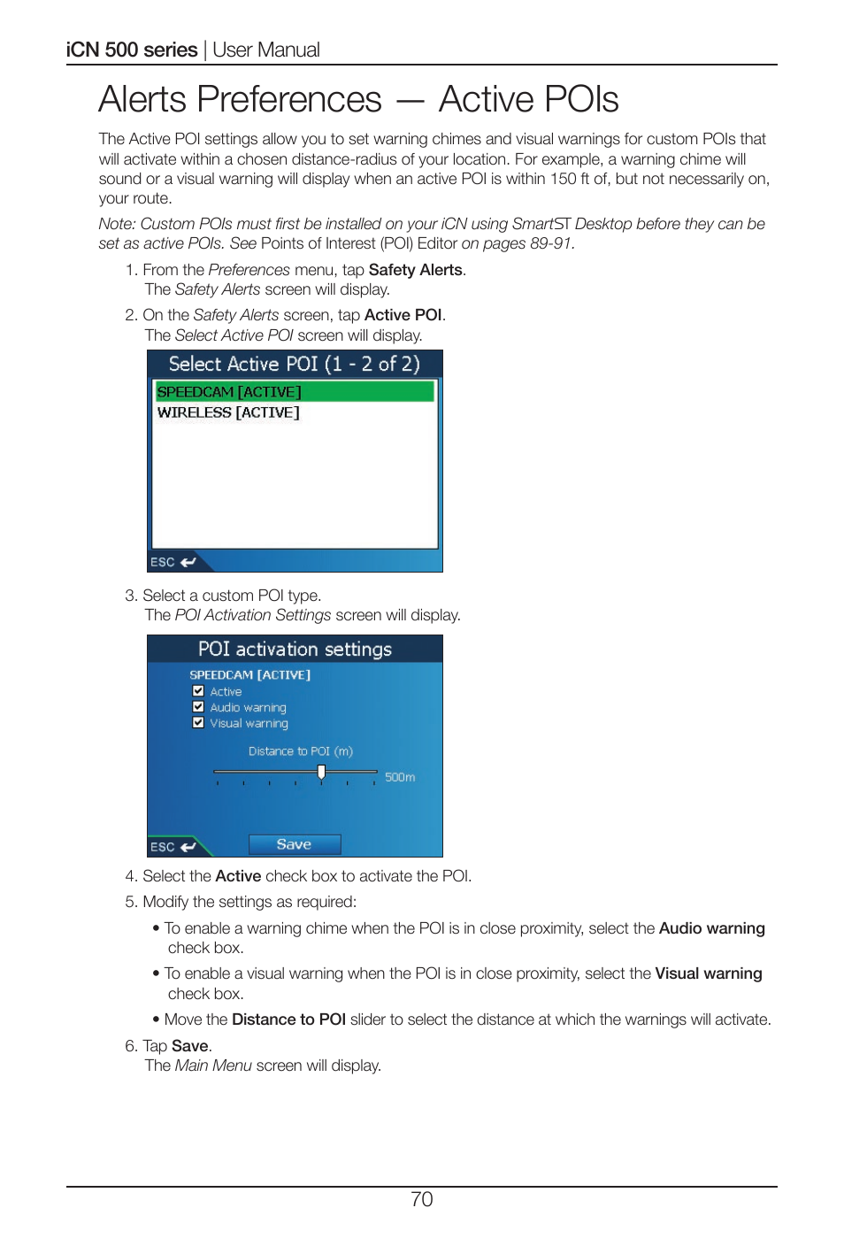 Alerts preferences — active pois | Navman iCN 500 series User Manual | Page 70 / 100