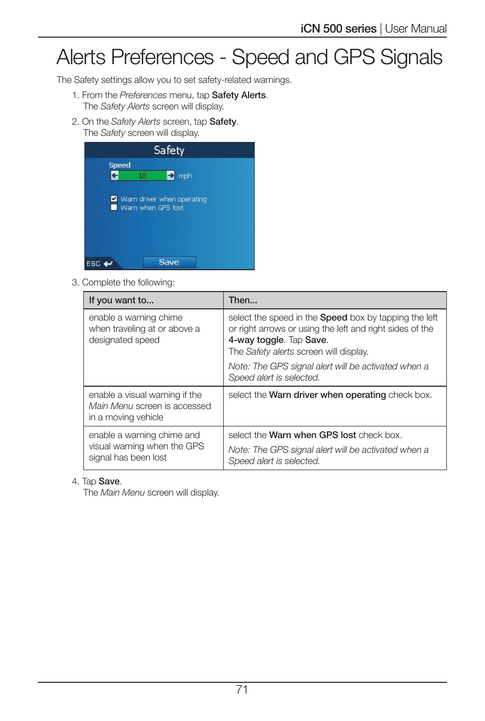 Alerts preferences - speed and gps signals | Navman iCN 500 series User Manual | Page 71 / 100