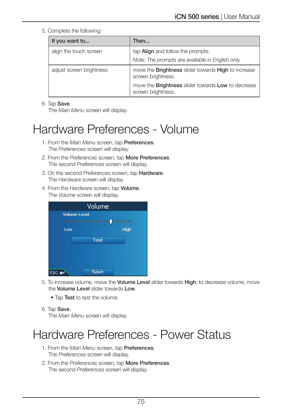 Hardware preferences - volume, Hardware preferences - power status | Navman iCN 500 series User Manual | Page 75 / 100