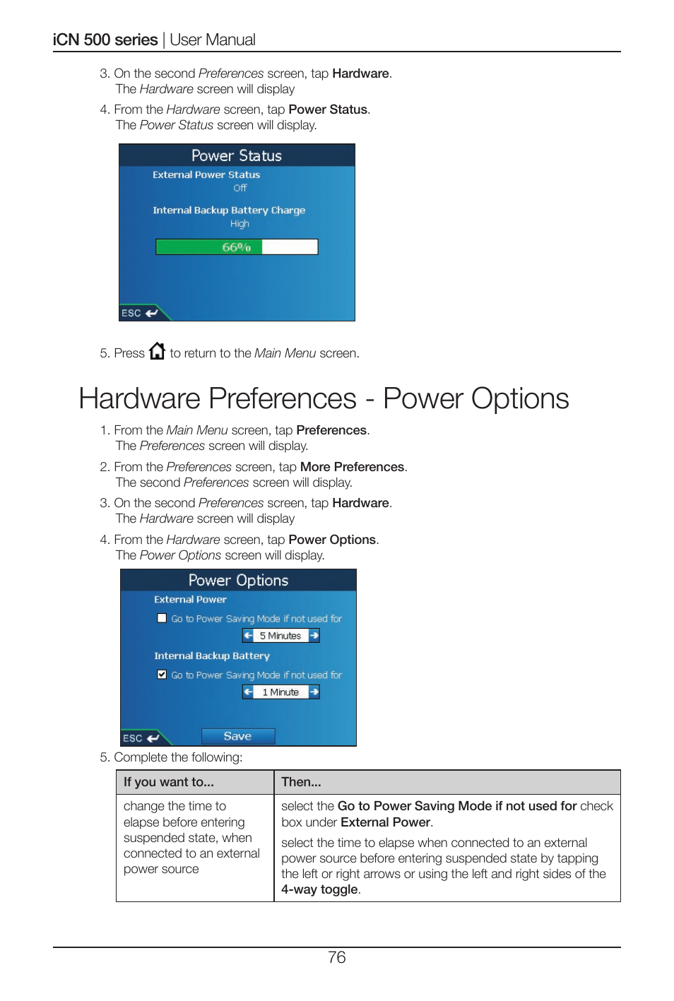 Hardware preferences - power options | Navman iCN 500 series User Manual | Page 76 / 100