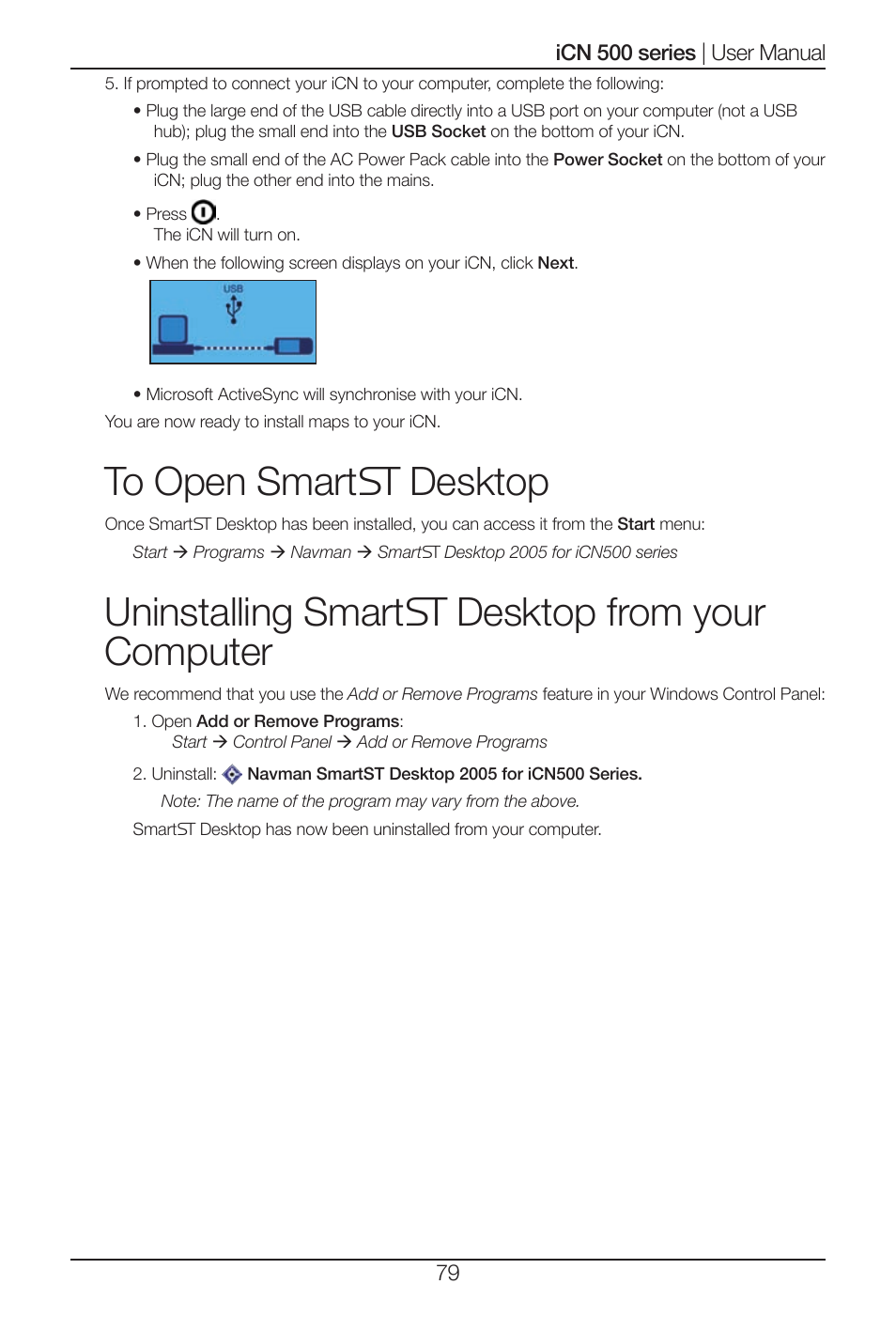 Uninstalling smart desktop from your computer | Navman iCN 500 series User Manual | Page 79 / 100