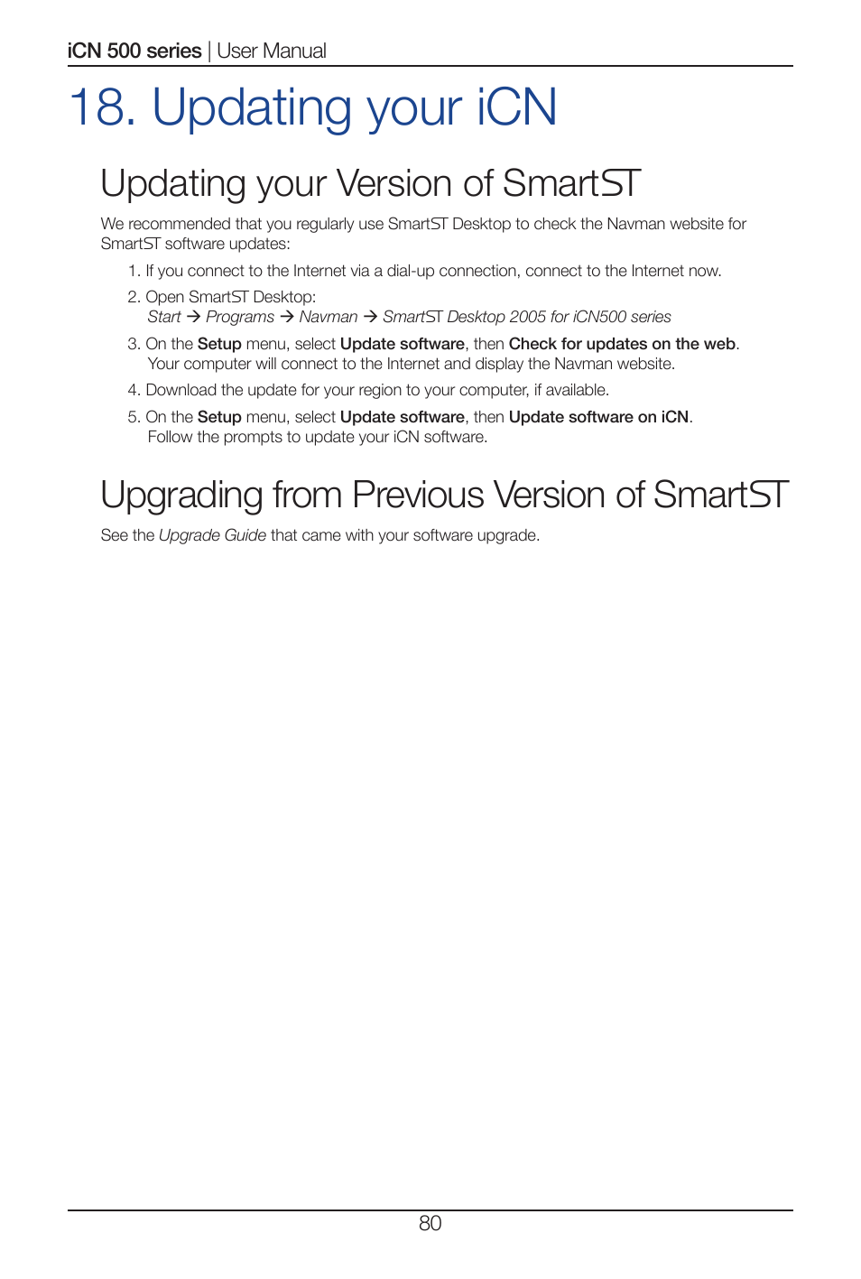 Updating your icn, Updating your version of smart, Upgrading from previous version of smart | Navman iCN 500 series User Manual | Page 80 / 100