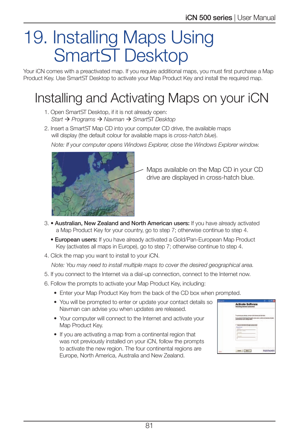 Installing maps using smart desktop, Installing and activating maps on your icn | Navman iCN 500 series User Manual | Page 81 / 100