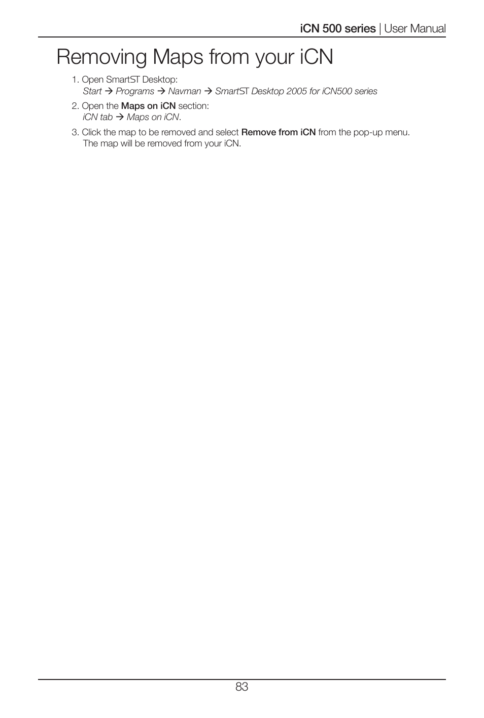 Removing maps from your icn | Navman iCN 500 series User Manual | Page 83 / 100