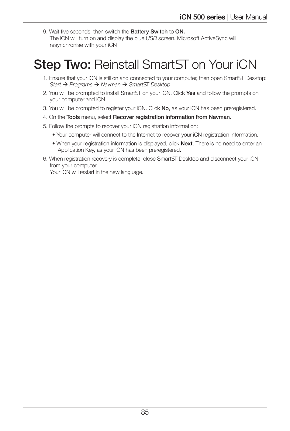 Step two: reinstall smart on your icn | Navman iCN 500 series User Manual | Page 85 / 100