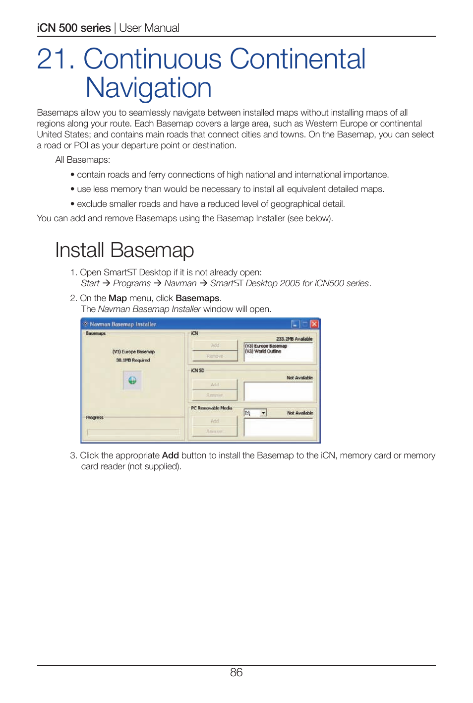 Continuous continental navigation, Install basemap | Navman iCN 500 series User Manual | Page 86 / 100