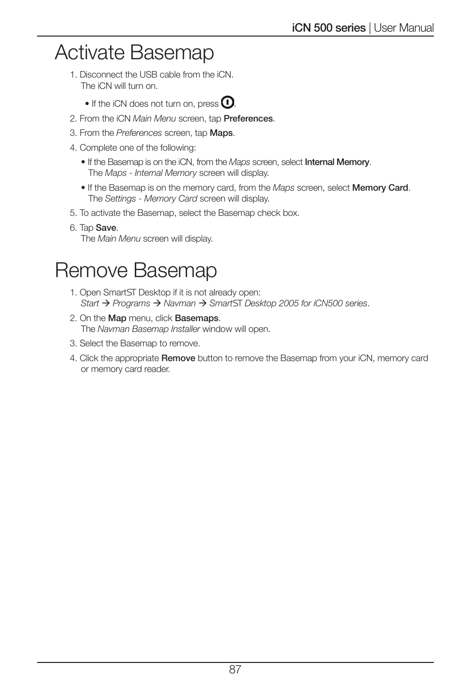 Activate basemap, Remove basemap | Navman iCN 500 series User Manual | Page 87 / 100