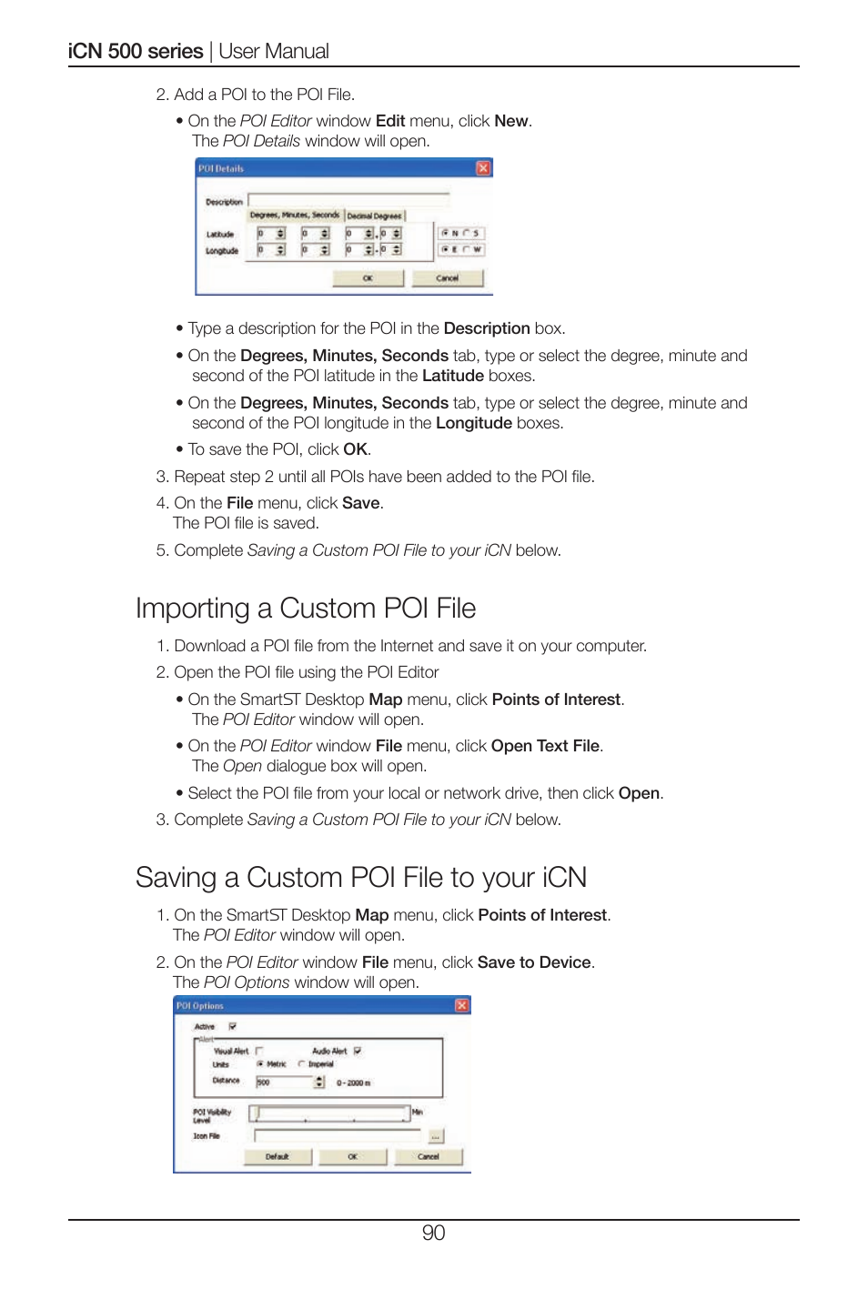 Importing a custom poi file, Saving a custom poi file to your icn | Navman iCN 500 series User Manual | Page 90 / 100