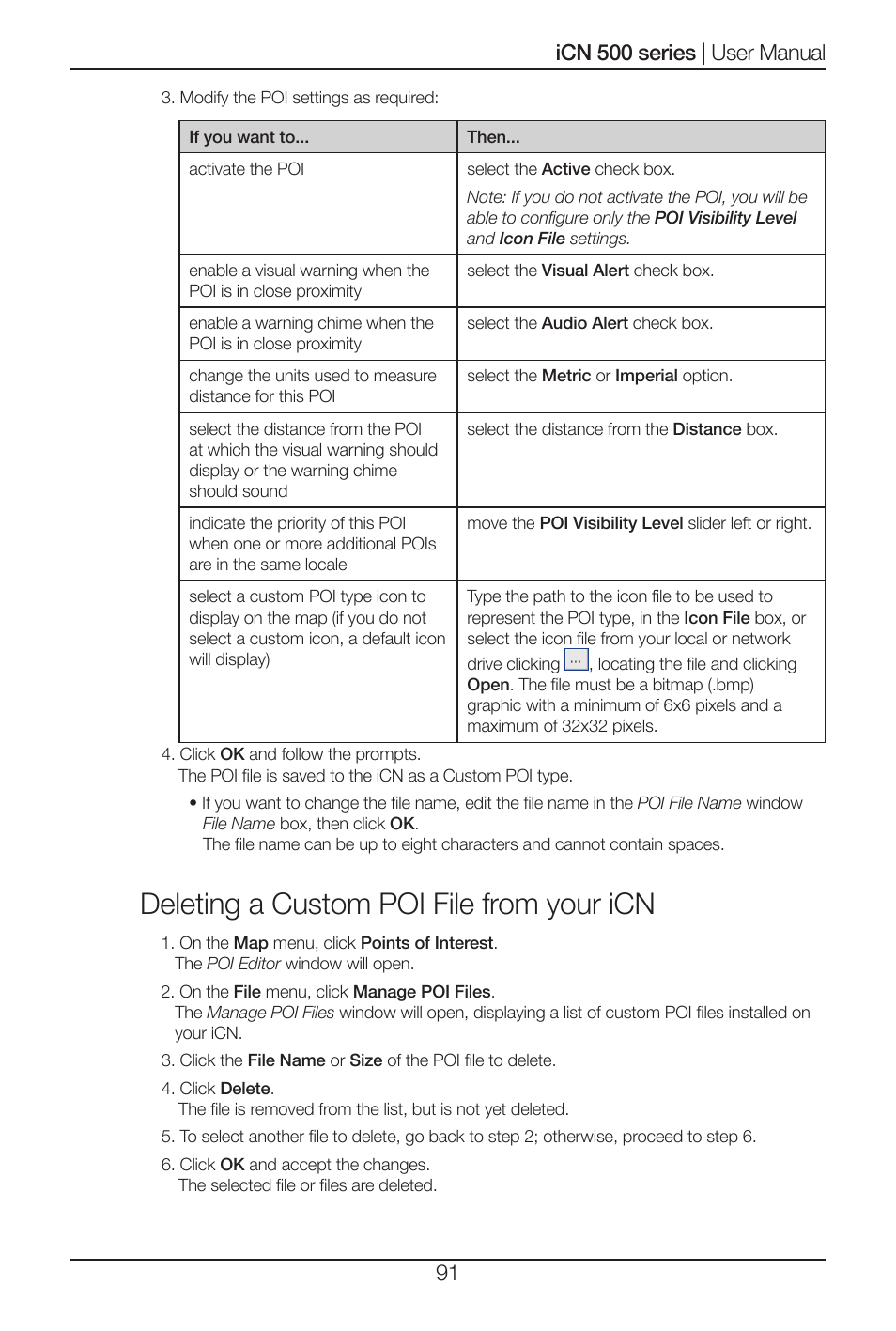 Deleting a custom poi file from your icn | Navman iCN 500 series User Manual | Page 91 / 100