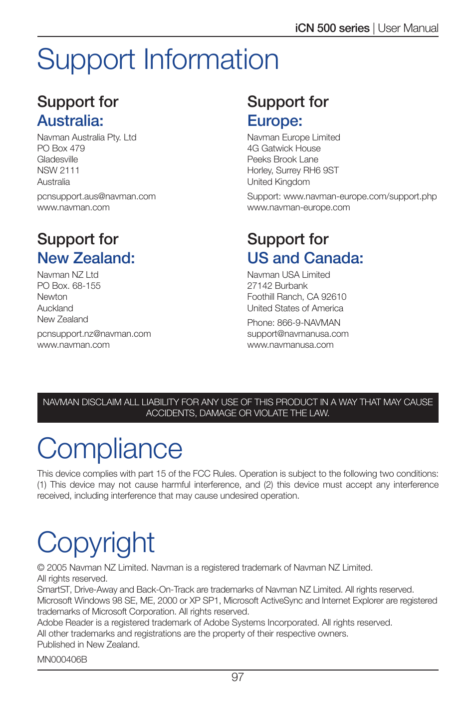 Support information copyright, Compliance | Navman iCN 500 series User Manual | Page 97 / 100