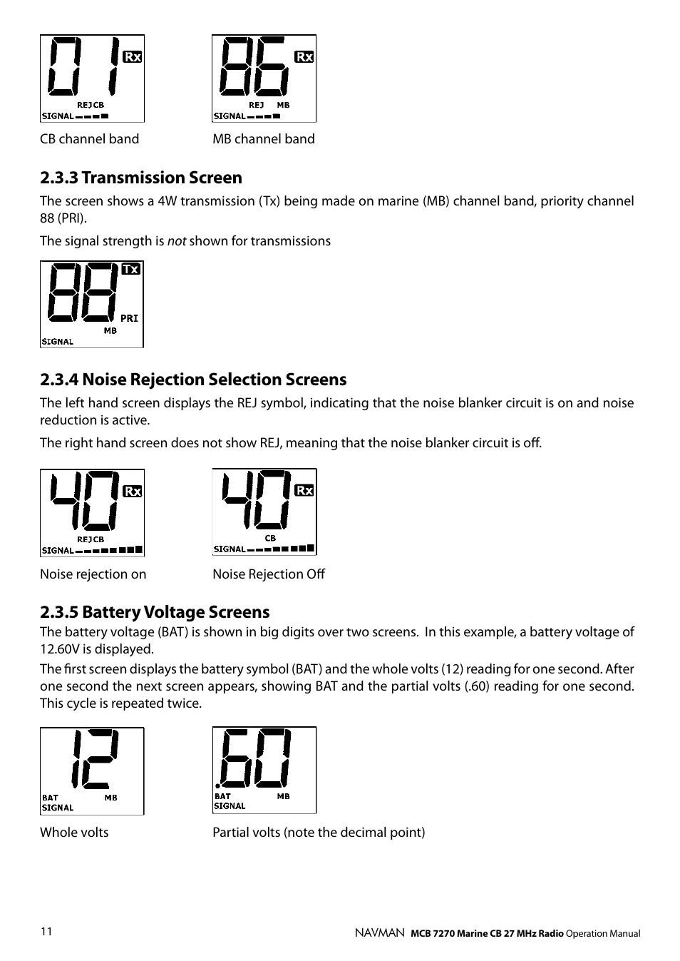 3 transmission screen, 4 noise rejection selection screens, 5 battery voltage screens | Navman MCB 7270 User Manual | Page 10 / 18