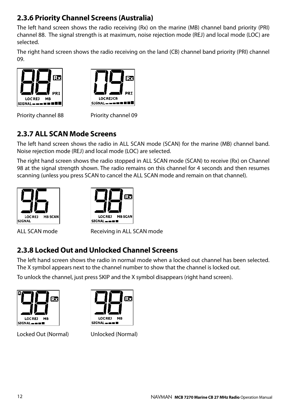 6 priority channel screens (australia), 7 all scan mode screens, 8 locked out and unlocked channel screens | Navman MCB 7270 User Manual | Page 11 / 18