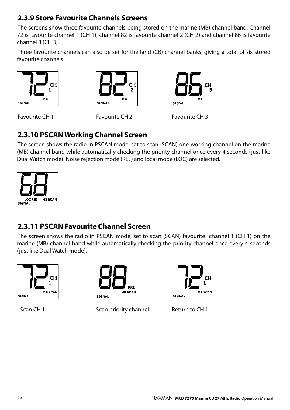 9 store favourite channels screens, 10 pscan working channel screen, 11 pscan favourite channel screen | Navman MCB 7270 User Manual | Page 12 / 18