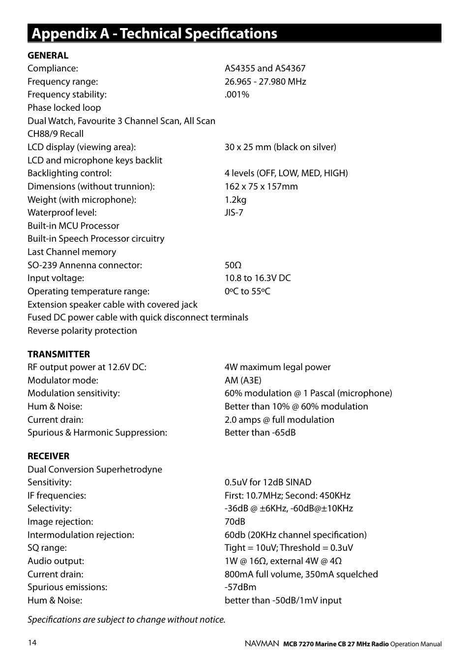 Appendix a - technical speciﬁcations | Navman MCB 7270 User Manual | Page 13 / 18