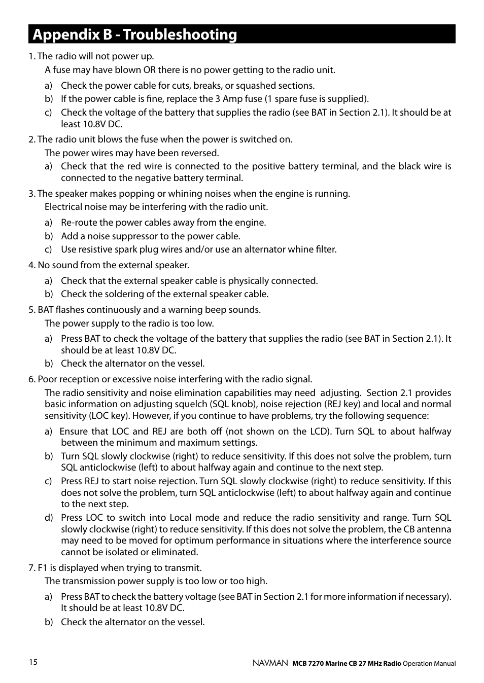 Appendix b - troubleshooting | Navman MCB 7270 User Manual | Page 14 / 18