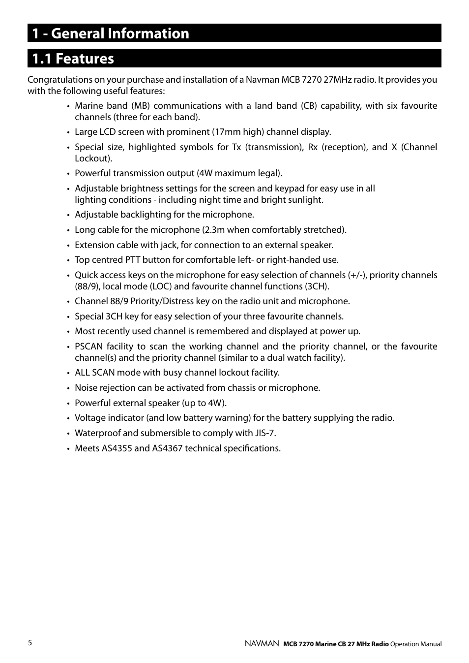 1 - general information, 1 features | Navman MCB 7270 User Manual | Page 4 / 18