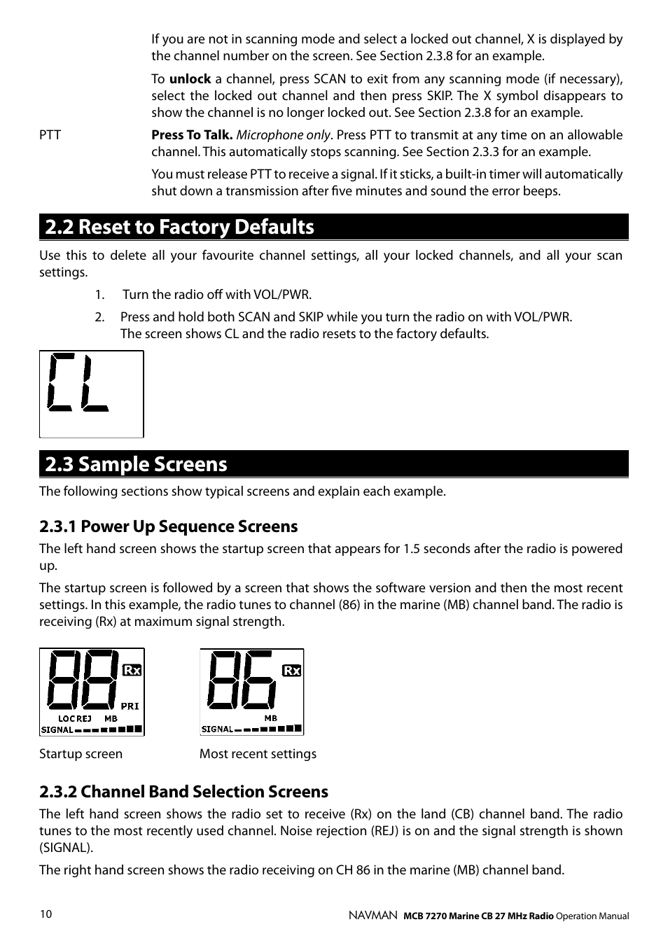 2 reset to factory defaults 2.3 sample screens, 1 power up sequence screens, 2 channel band selection screens | Navman MCB 7270 User Manual | Page 9 / 18