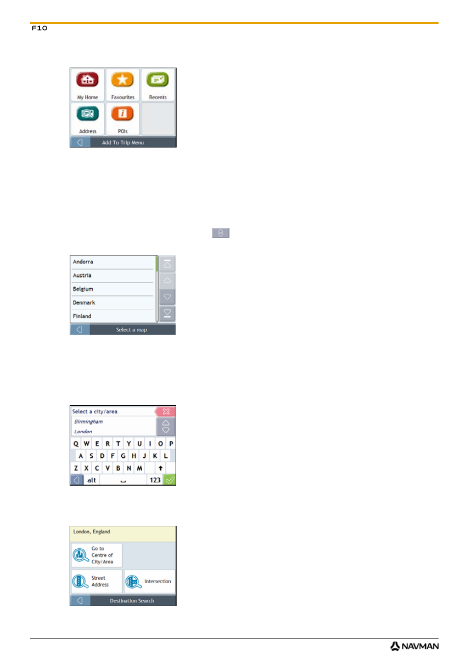 Select the country, Search for the city/area | Navman F10 User Manual | Page 20 / 90
