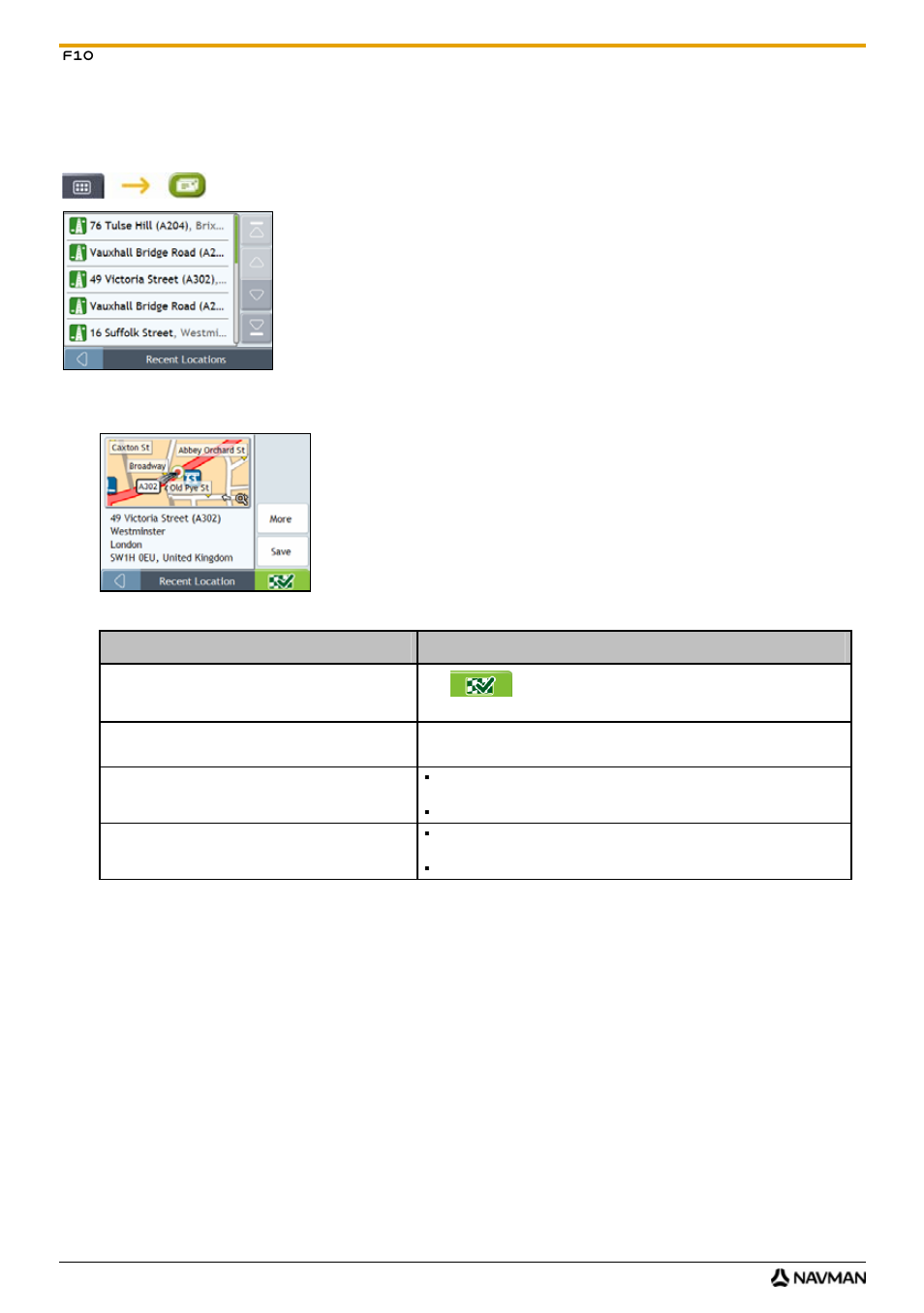 How do i navigate to a recent location | Navman F10 User Manual | Page 30 / 90