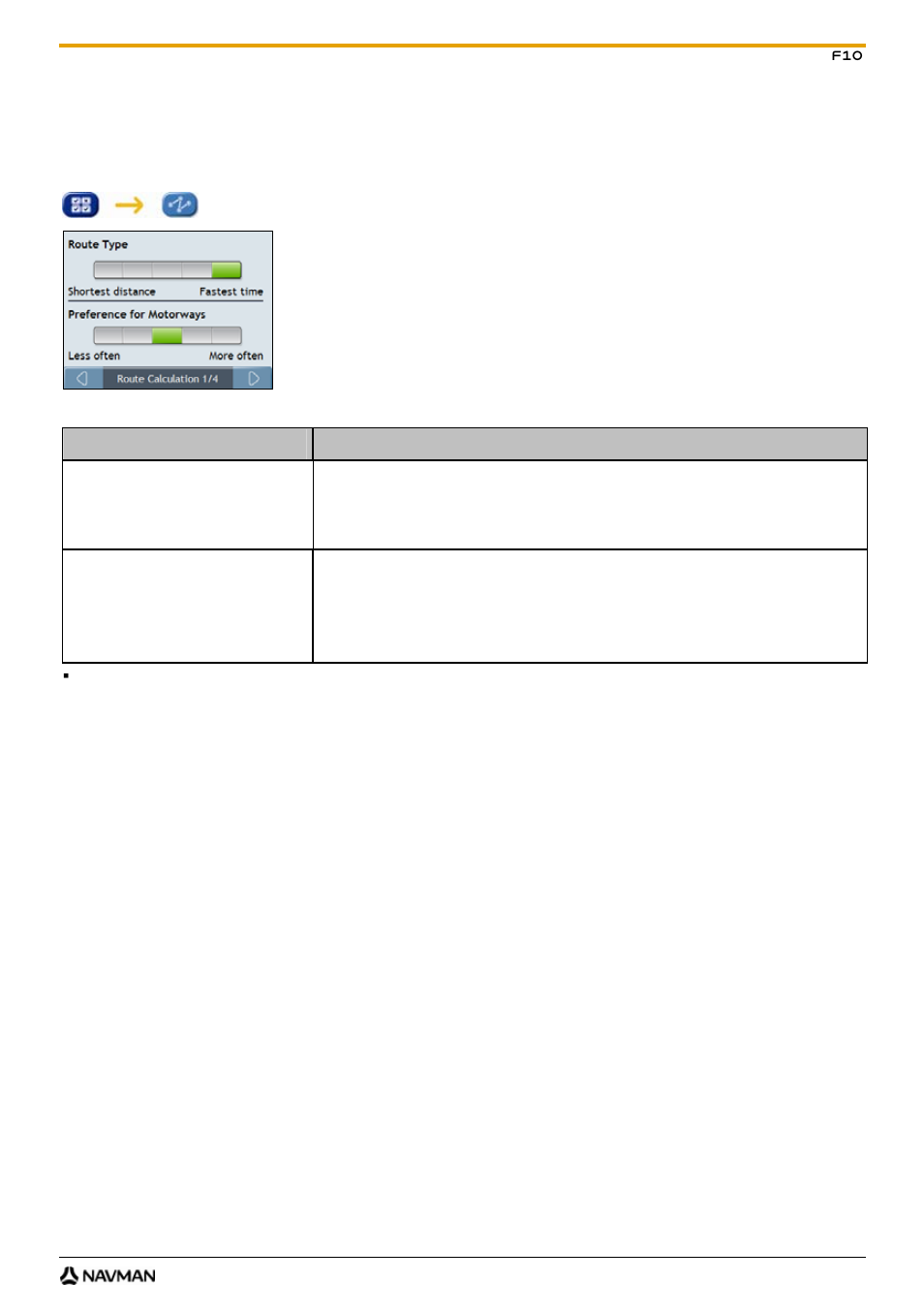 Route options, Route calculation 1/4 | Navman F10 User Manual | Page 43 / 90