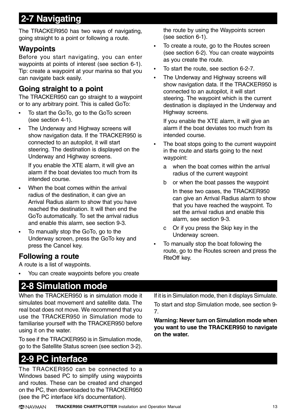 7 navigating, 8 simulation mode, 9 pc interface | Waypoints, Going straight to a point, Following a route | Navman TRACKER950 User Manual | Page 11 / 41