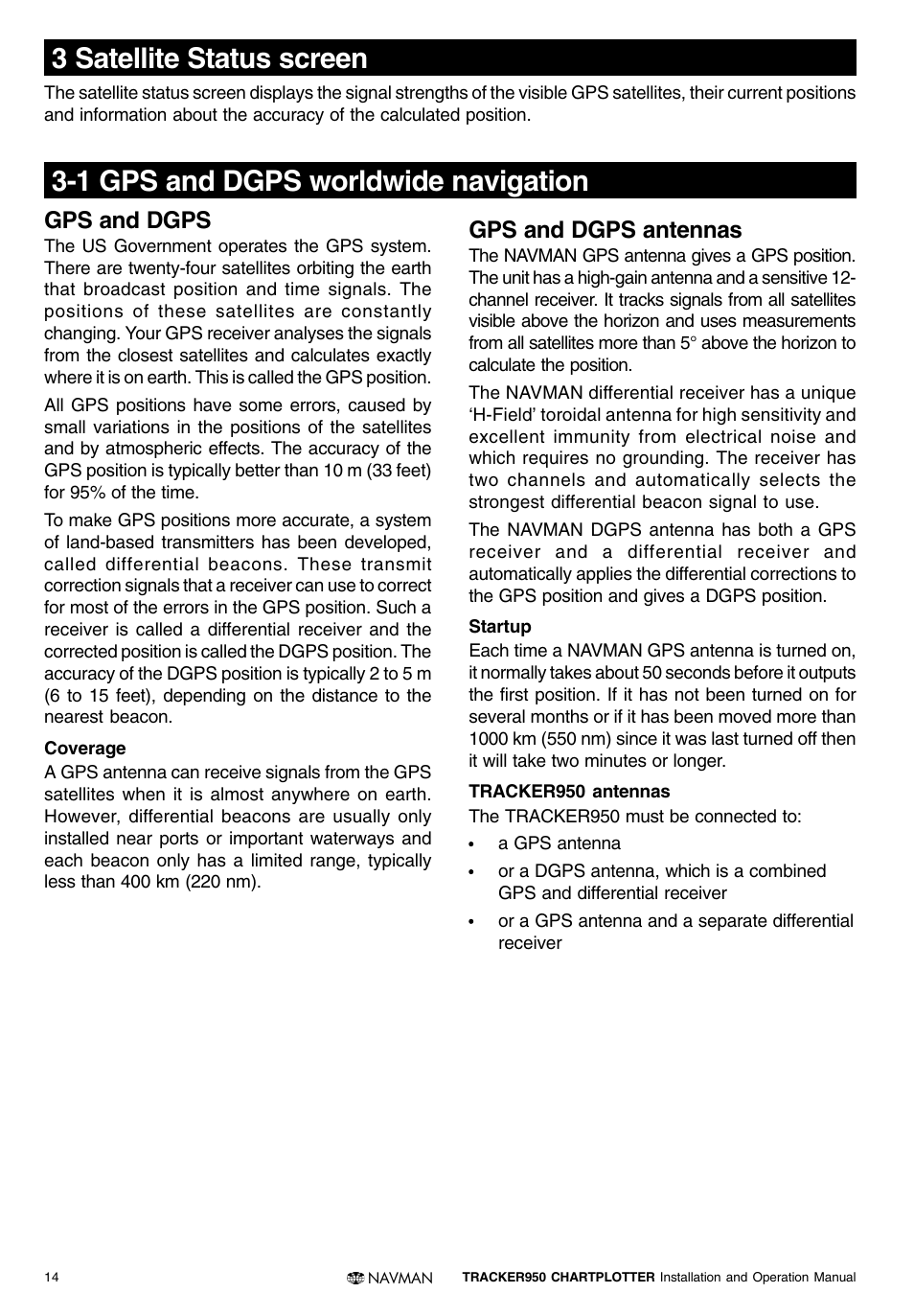 3 satellite status screen, 1 gps and dgps worldwide navigation, Gps and dgps | Gps and dgps antennas | Navman TRACKER950 User Manual | Page 12 / 41