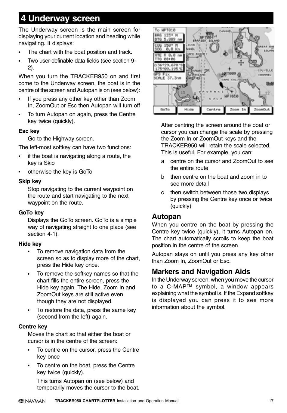 4 underway screen, Autopan, Markers and navigation aids | Navman TRACKER950 User Manual | Page 15 / 41