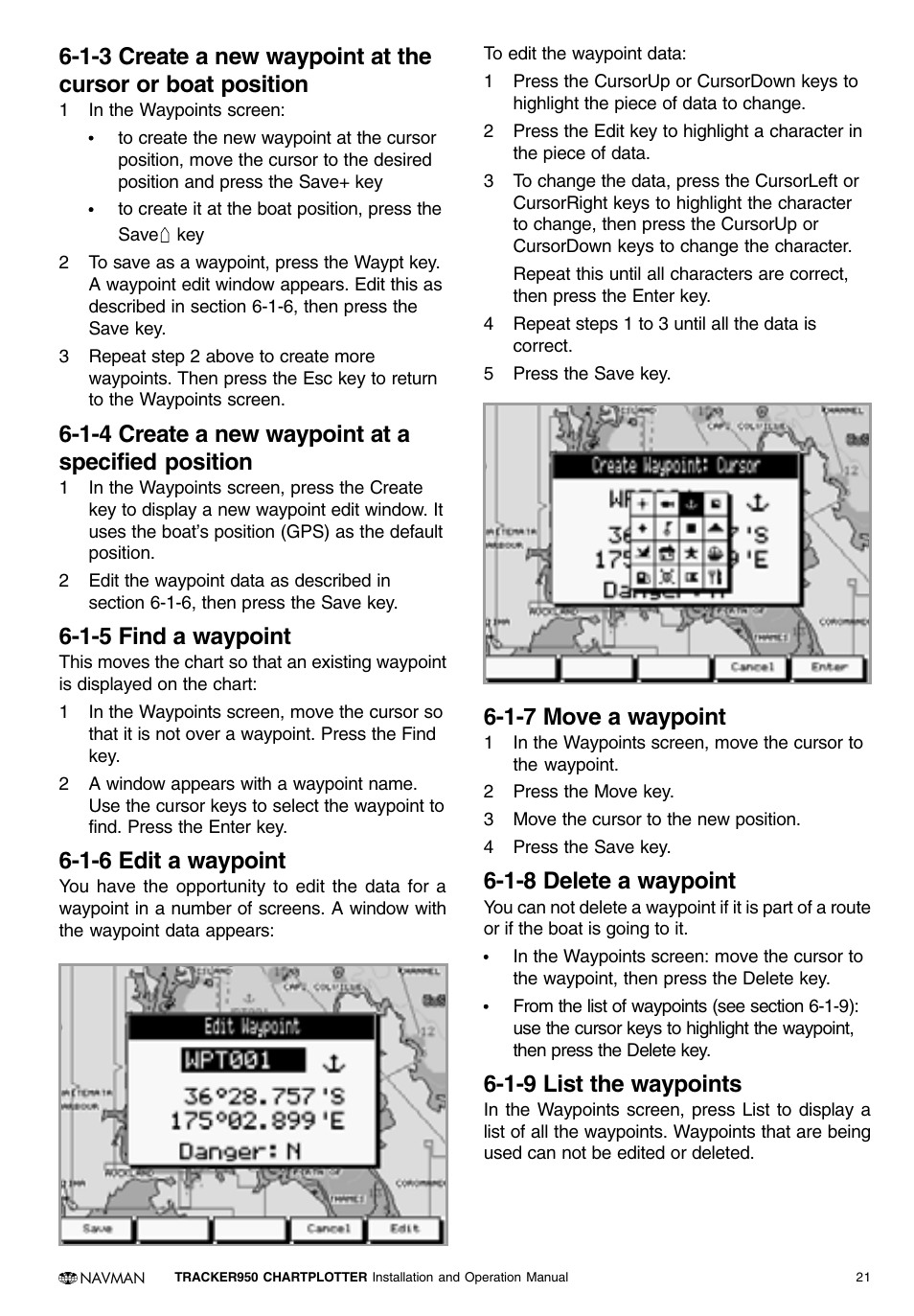 1-4 create a new waypoint at a specified position, 1-5 find a waypoint, 1-6 edit a waypoint | 1-7 move a waypoint, 1-8 delete a waypoint, 1-9 list the waypoints | Navman TRACKER950 User Manual | Page 19 / 41