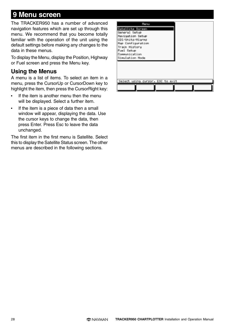 9 menu screen, Using the menus | Navman TRACKER950 User Manual | Page 26 / 41