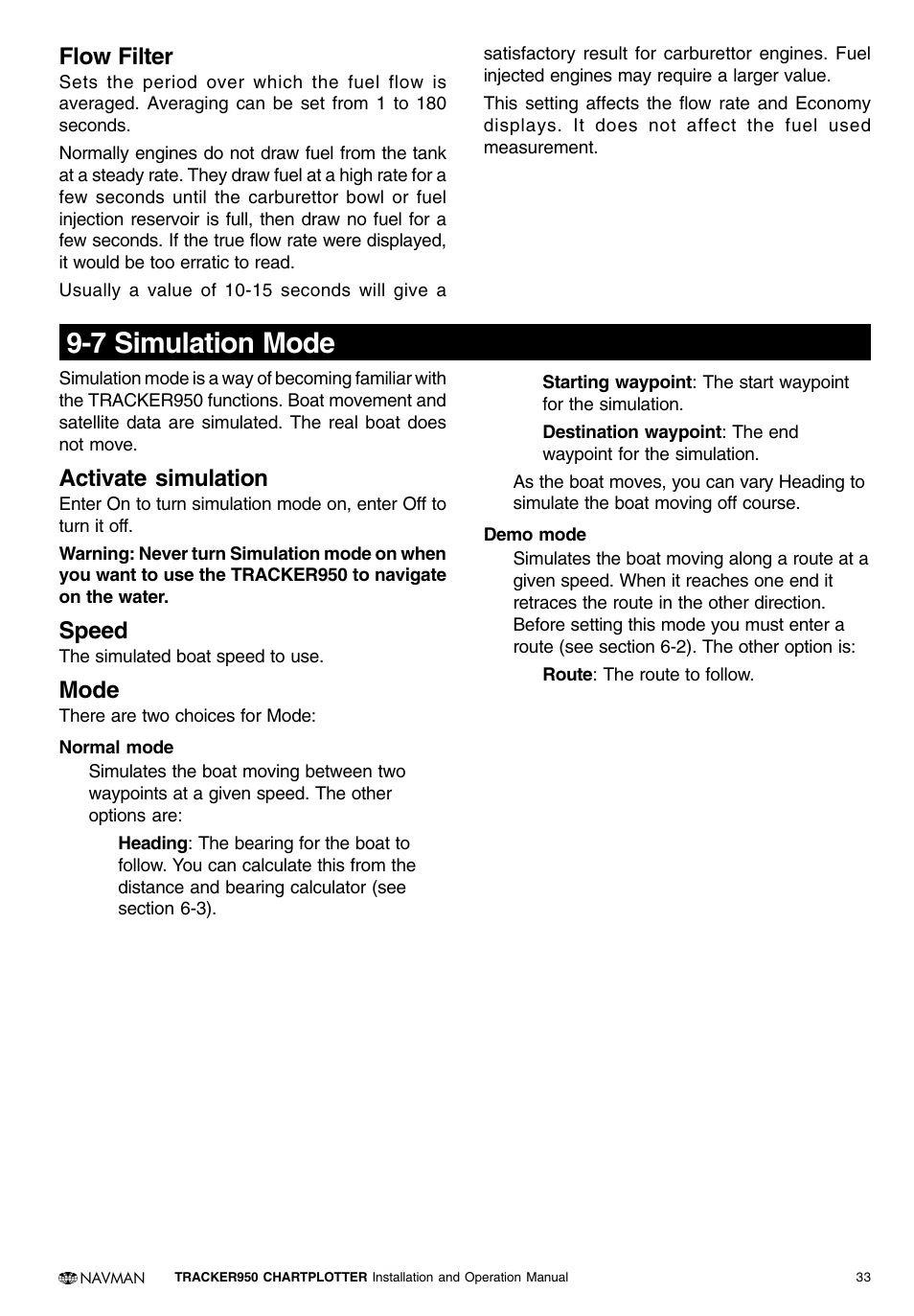 7 simulation mode, Flow filter, Activate simulation | Speed, Mode | Navman TRACKER950 User Manual | Page 31 / 41