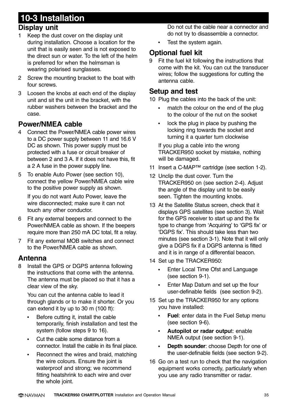 3 installation, Display unit, Power/nmea cable | Antenna, Optional fuel kit, Setup and test | Navman TRACKER950 User Manual | Page 33 / 41